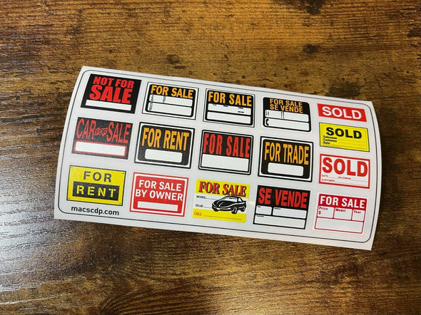 1/24 to 1/8 FOR SALE / FOR RENT RC Scale Decal Sticker Sheet
